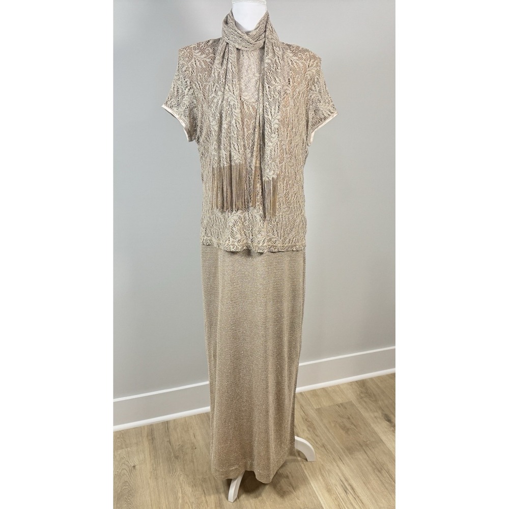 Vintage Gold Metallic Evening Dress 16 Glam Crochet Maxi Scarf Jeffrey & Dara